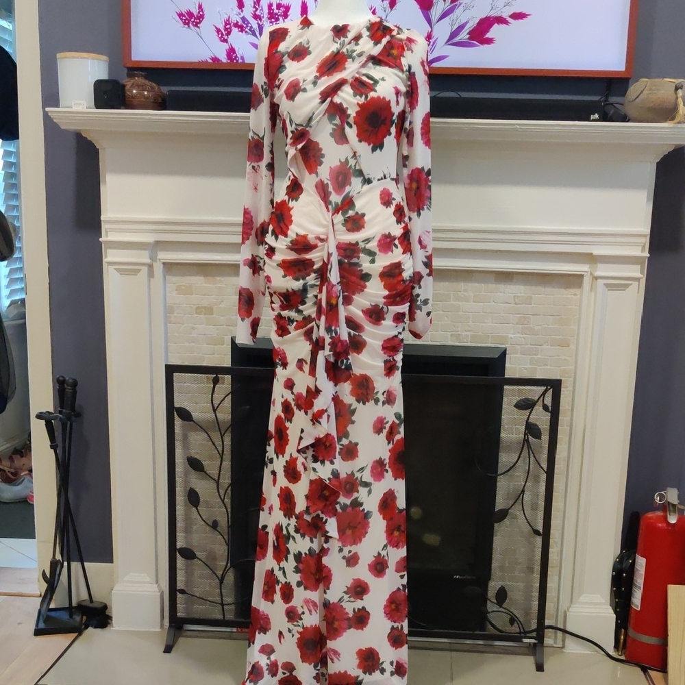AFRM White Floral Ruched Long Sleeve Jumpsuit with Red Flowers